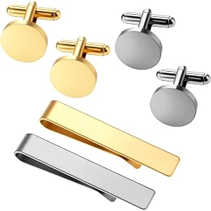 Elegaperma 2Set Men Cufflinks Set,Gold Silver Cuff Links Mens Tie Clip | Titanium Steel Men's Cuff Links & Tie Clips for Busi