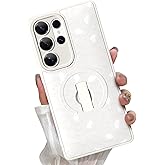 KANGHAR Galaxy S25 Ultra Case White Leopard Print Pattern Compatible with Magsafe Cute Cheetah Wristband Stand Phone Magnetic Cover for Women Girls Men Compatible with Samsung S25 Ultra
