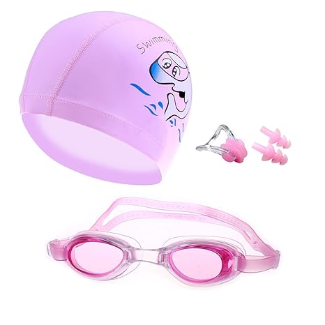 CRIVERS Karikatur Stil Kinder-Schwimmbrille Schwimmkappe Set mit Frei Nasen Clips und Ohrstöpsel für Kinder, Studenten, Junge