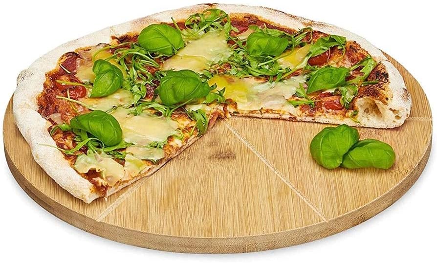 Wood Pizza Plate, Bamboo Wooden Round Pizza Plate Tray Cutting Grooves