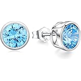 925 Sterling Silver Bezel Birthstone Stud Earrings for Women Hypoallergenic Anniversary Birthday Valentines Jewelry (with Gift Box)