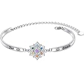 FLYOW 7 Chakra Bracelet 925 Sterling Silver Just Breathe Lotus Flower Rainbow Stones Yoga Chakra Energy Balance Bangle Bracelet Jewelry Valentines Day Gifts for Women Spiritual Healing