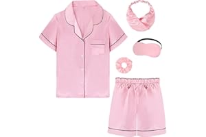 ALHAVONE Kids Girl Pajama Set with Headband Blindfold Hair Tie Toddler Boy Girl Satin Silky Button-up Pajama Sleepwear