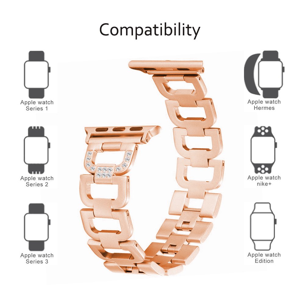 Bling Bands for Apple Watch Band 38mm 42mm Stainless Steel Metal Replacement Wristband Sport Strap for Apple Watch Nike+, Series 3, Series 2, Series 1, Sport, Edition, 2 Colors (Gold, 38mm)