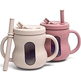 XPECIAL 100% Silicone Baby Training Cup 2PCS See-through Toddler 5OZ Straw Drinking Cups for Infants 6 Months+ (Pink and Beige)