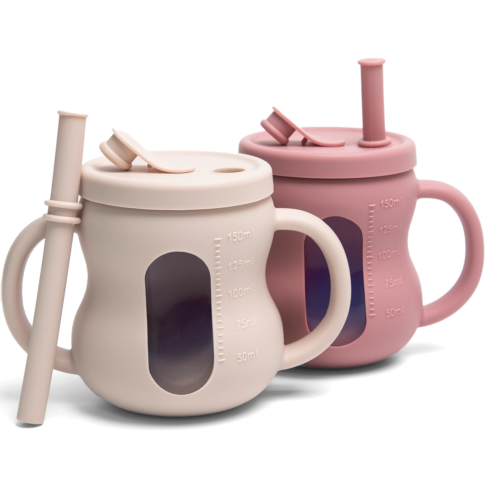 Photo 1 of XPECIAL 100% Silicone Baby Training Cup 2PCS See-through Toddler 5OZ Straw Drinking Cups for Infants 6 Months+ (Pink and Beige)