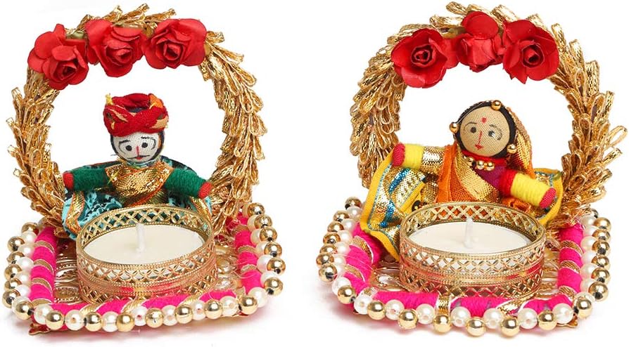 Handcrafted Puppet Doll Tea Lights Holder Set of 2, Candle Stand Tealight T-Light Holder for Diwali & Festival Decor, Gifts, Decorative Lighting Accessories (Without Wax).