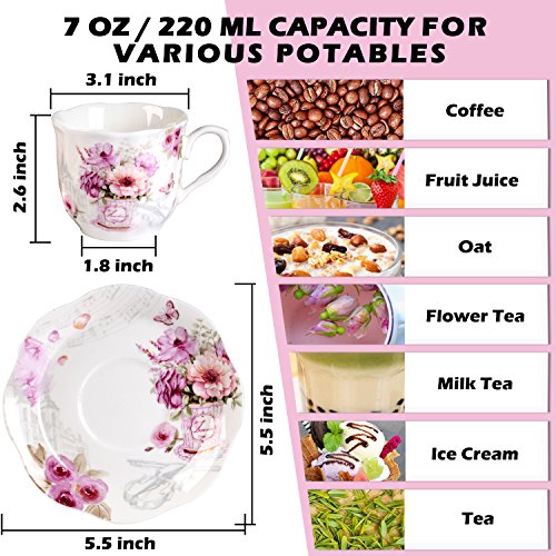 Coffee Tea Cup and Saucer Set of 6—7OZ New Bone China Vintage Floral Pattern Tea Cup Set, 220ml Porcelain Cups for Specialty Coffee Drinks, Latte, Cafe Mocha and Cappuccino