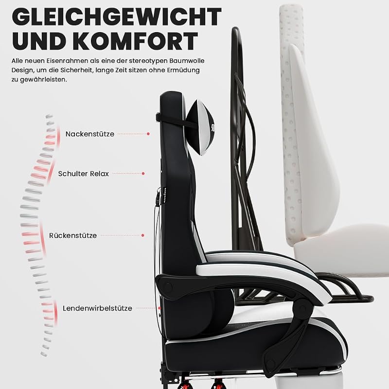 Gaming Stuhl, Ergonomischer Gaming-Stuhl mit Fußstütze, Racing Gaming Chair Kopfstütze Verstellbarer Computerstuhl Höhenverstellbar Lendenwirbelstütze für Homeoffice und Gaming Schwarz — Foto 5 von 8