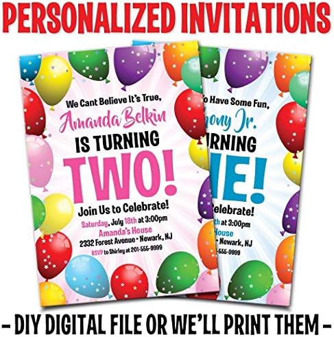 Custom Personalized Balloon Birthday Invitations - Printed or Digital Files - Free Envelopes and Free Shipping On Printed Orders!