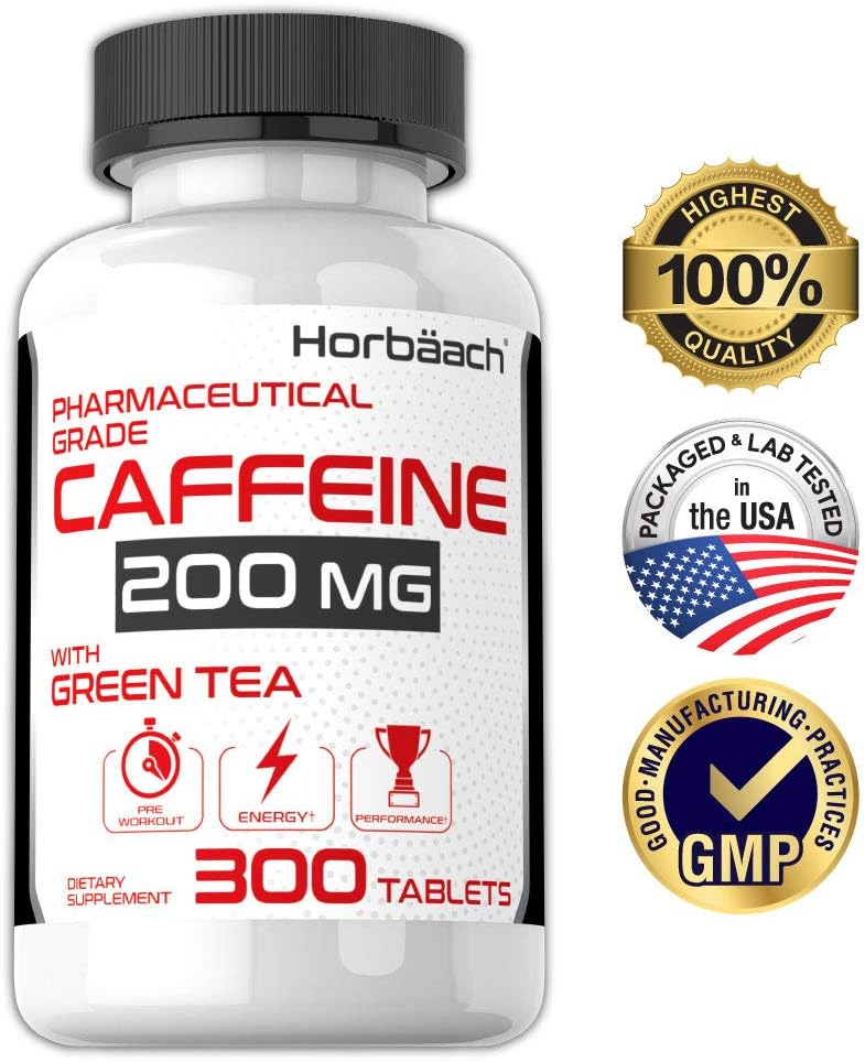 Caffeine Pills 200mg with Green Tea | 300 Tablets | Vegetarian, Non-GMO & Gluten Free | by Horbaach: Health & Personal Care