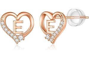 CIVOKINA Heart Initial Stud Earrings for Girls, S925 Sterling Silver Post Hypoallergenic Girls Earrings Rose Gold Plated CZ Letter Earrings for Teen Girls Initial Earrings for Girls Teen Girls Kids Toddler