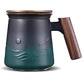 ZENS Embossed Ceramic Tea Mug with Infuser and Lid, 14.5 oz Wooden Handle, Loose Leaf Tea Steeper Mugs & Strainer for Tea Lovers Gifts
