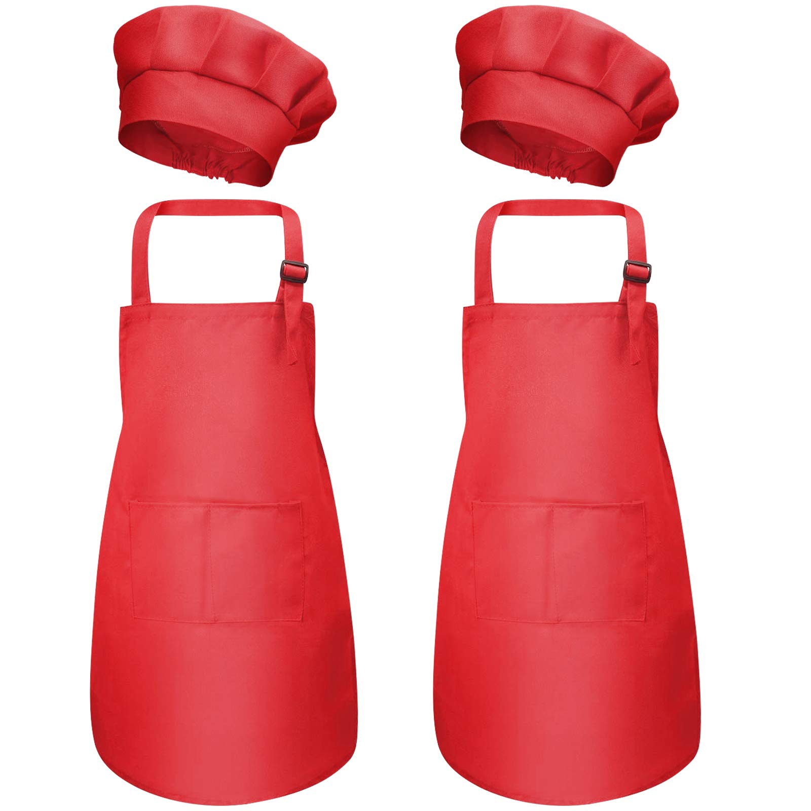4 Pcs Red Kids Apron and Chef Hat Set, Adjustable Children Aprons with Pockets for Boys Girls, Kitchen Garden Bib Aprons, Toddler Chef Apron for Baking Cooking Crafting Painting (M for 3-6 Age)