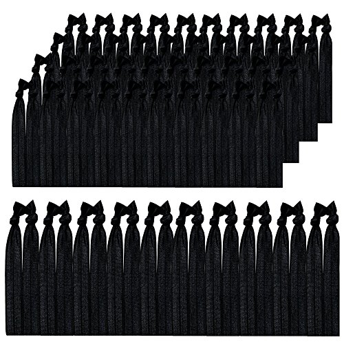 Syleia 100 Hair Ties - Black - Elastic Ponytail Holders No Crease Hand Knotted Fold Over 100 Pack