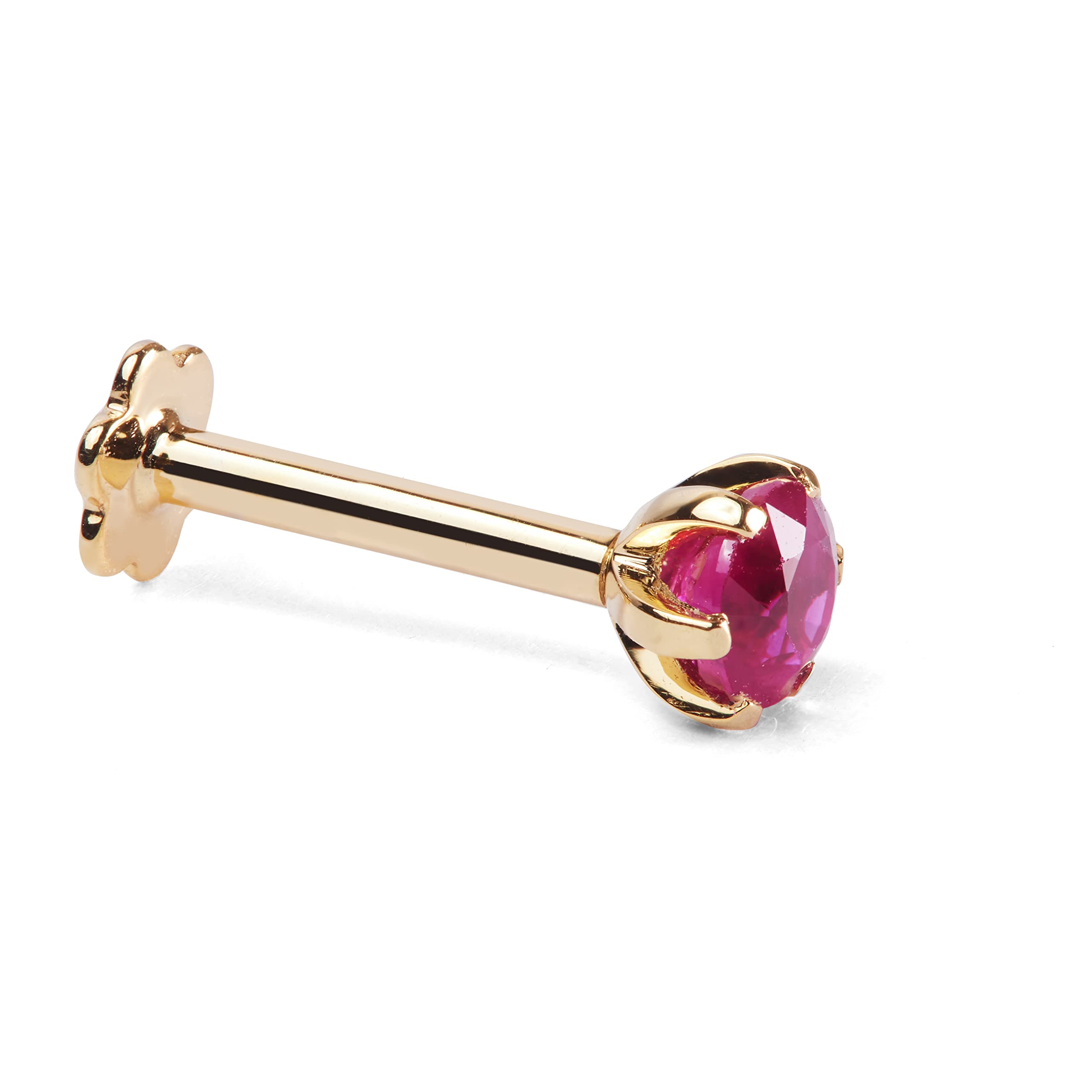 Demira Jewels Rubí rojo solitario natural hecho a mano en oro amarillo de 14 quilates con poste de 8 mm de longitud y fondo de rosca largo de calibre 16.