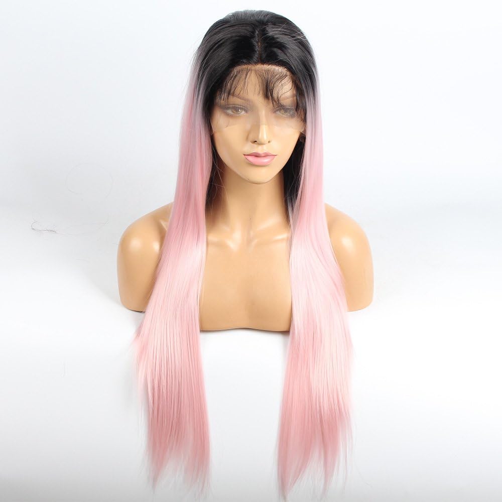 WigQueen 250% Density KANEKALON Synthetic Lace Front Nature Straight Heat Resistant Glueless Pre Plucked Free Part Wigs with Baby Hairs for All Skin Tone Women(26" Black Pink Ombre Two Tones)