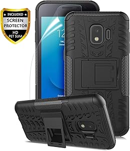 Numy Samsung Galaxy J2 Case,Galaxy J2 Core Case/Galaxy J2 Dash/J2 Pure/J2 Shine/J260, Dual Layer Shockproof,w HD Screen Protector,Protective w Kickstand Hard PC & Soft TPU Case,Tire Appearance-Black