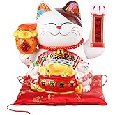 DongAi 10" White Ceramic Maneki Neko Lucky， Cat with Waving Arm，for Shops, Restaurants, Living Room -Shop Decorations Business Gift Present