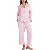 Flygo Women's 100% Cotton Pajamas Set Striped Soft Long Sleeve Sleepwear | Button Down, Ruffle Hem, V Neck Notch Collar, Straight Leg, Drawstring Waist with Side Pockets, Ideal for Home Loungewear