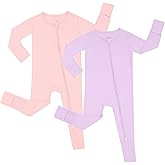 JunNeng Rayon from Bamboo Baby Boy Pajamas, 2 Way Zipper Sleeper Romper with Fold Over Mittens, Non Slip Sleep'N Play Clothes L Pink+L Purple 0-3 Months