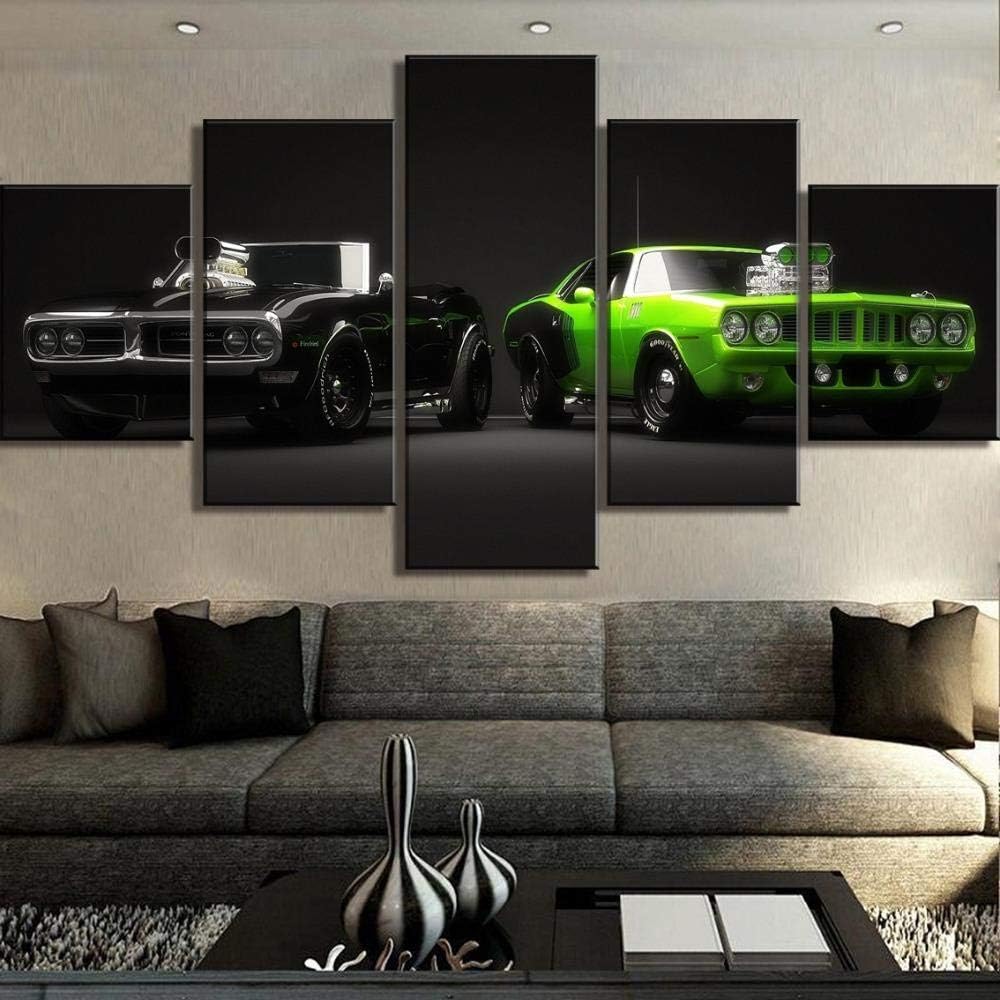 ZBYZZZY Large 5 Pieces Black Green Car Pictures Decoration Canvas Print Wall Art Painting Decor for Home Decoration Picture for Living Room-Framed