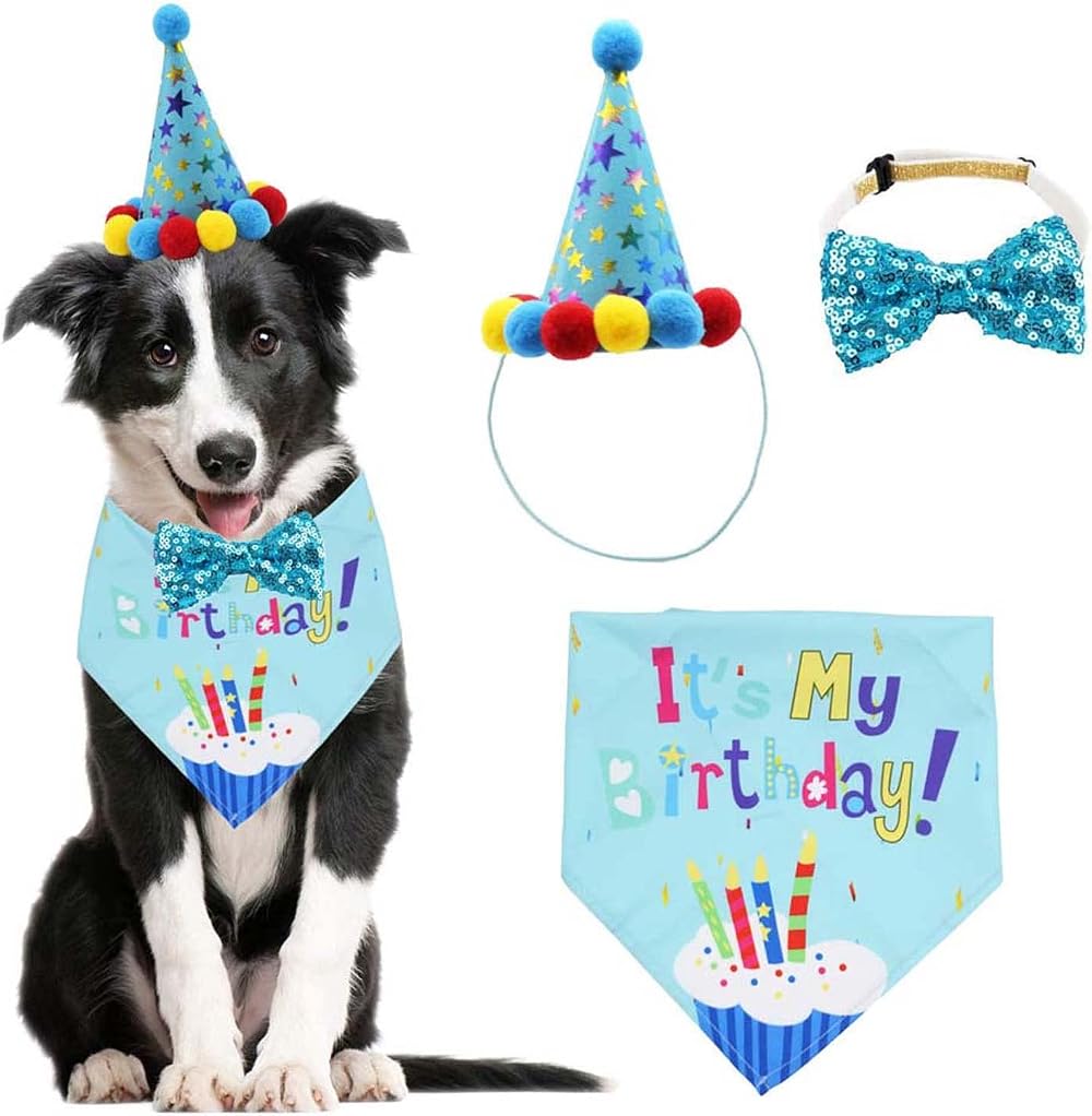 WUBAYI Dog Birthday Bandana Set Blue Hat Bow Tie Adjustable Size