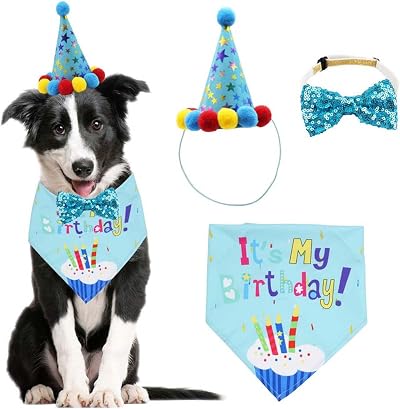 WUBAYI Dog Birthday Bandana Set Blue Hat Bow Tie Adjustable Size