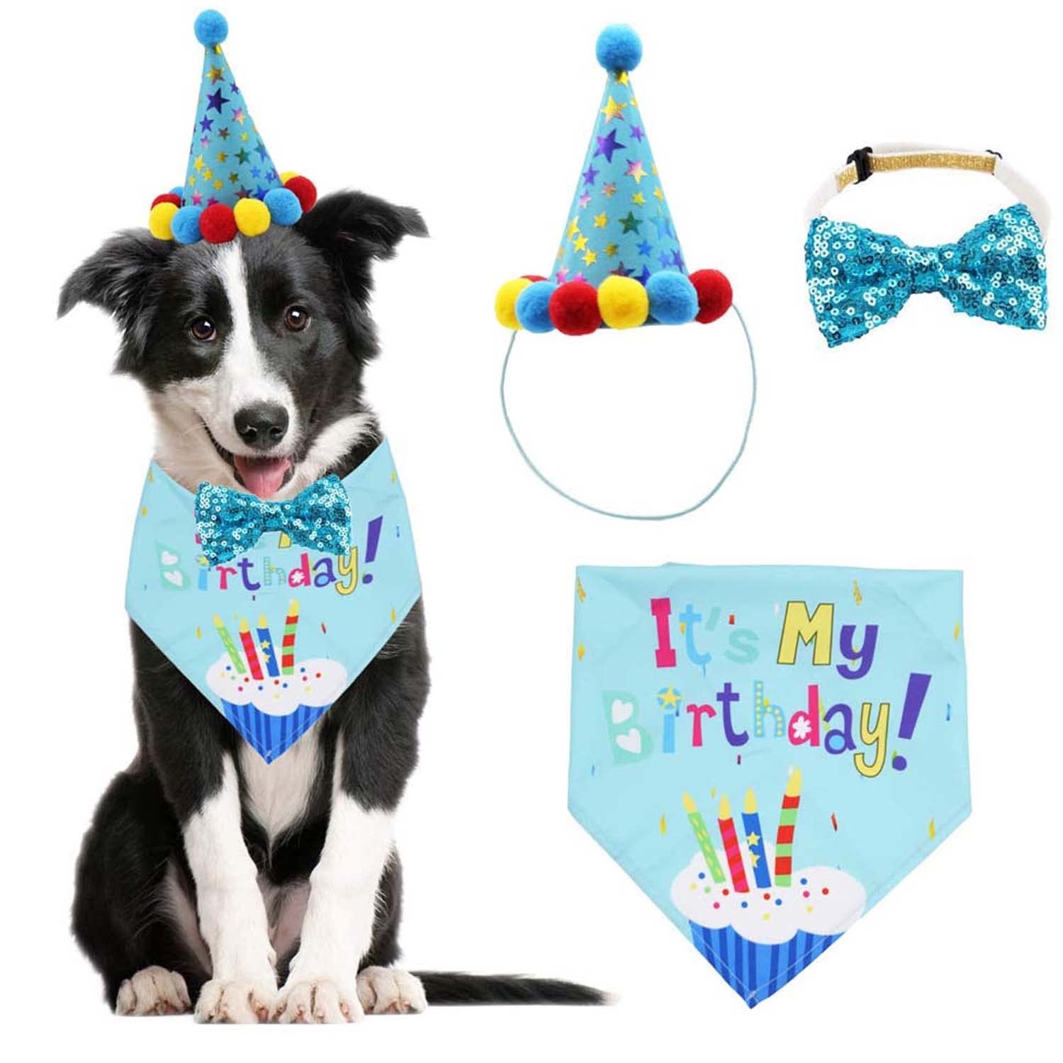 Dog Birthday Bandana Set, with Cute Doggie Birthday Party Hat and Bow Tie, for Cat and Dog Decoration(Blue)