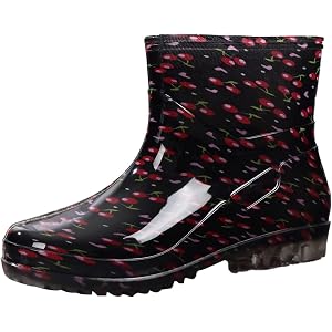 Women's Ankle Rain Boots Waterproof Rubber Garden Shoes Wide Opening Lightweight Anti Slip Short Booties with Pull Tab and Lu