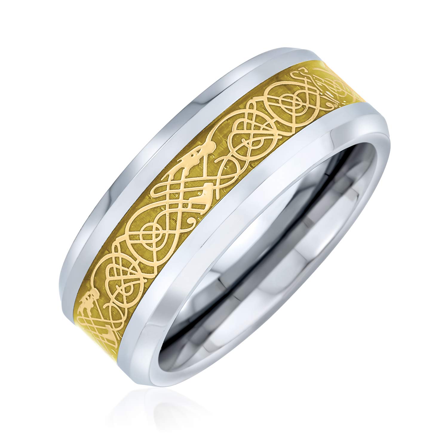 Bling Jewelry Golden Silver Two Tone Celtic Knot Dragon Inlay Couples Titanium Wedding Band Rings For Men For Women Comfort Fit 8MM