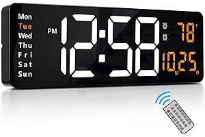 Lantoo 16.2" LED Digital Wall Clock with Remote, Auto Brightness, Date/Temp/Week Display, 12/24Hr Format - Orange