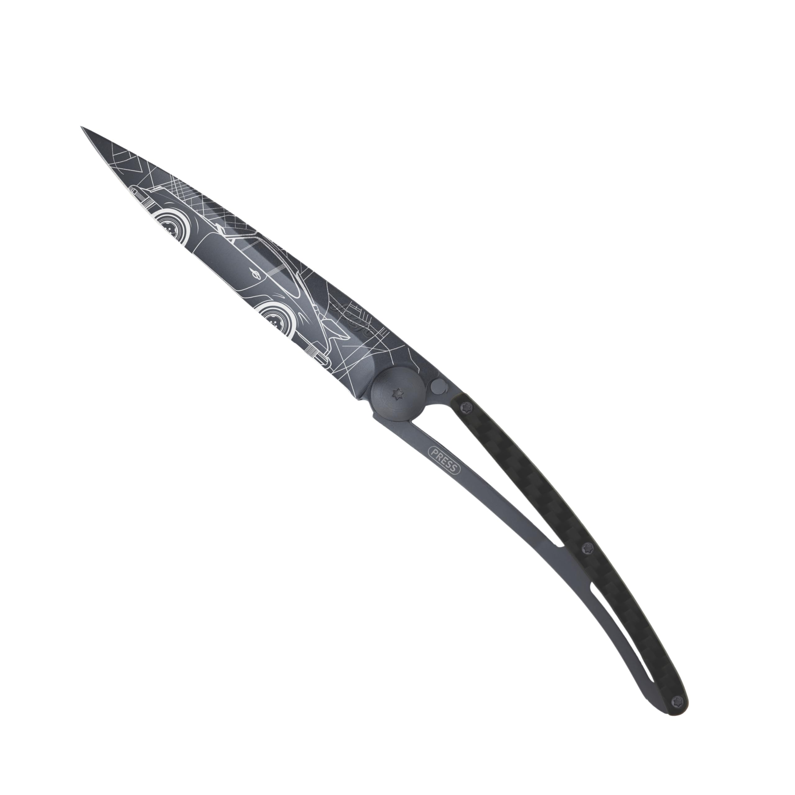 deejo – Klappbares Taschenmesser 27 g mit Gürtelclip – Griff aus Kohlefaser, Klinge aus Edelstahl Z40C13 – Motiv Young Timer – Tischmesser, Wandern, Camping, Biwak 2