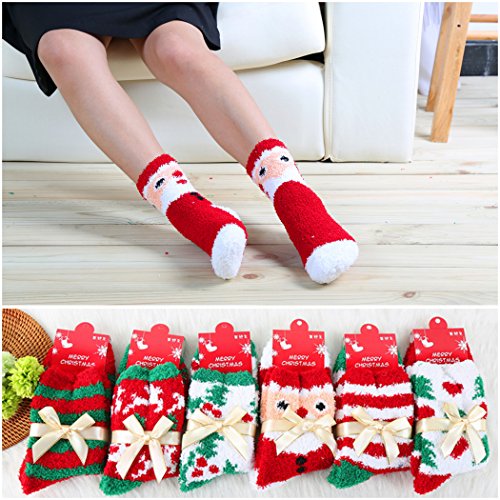 Christmas Fuzzy Socks,Kapmore 6 Pairs Cute Coral Fleece Warm Cozy Socks Holiday Slipper Winter Socks XMAS Fluffy Crew Socks for Women Girls