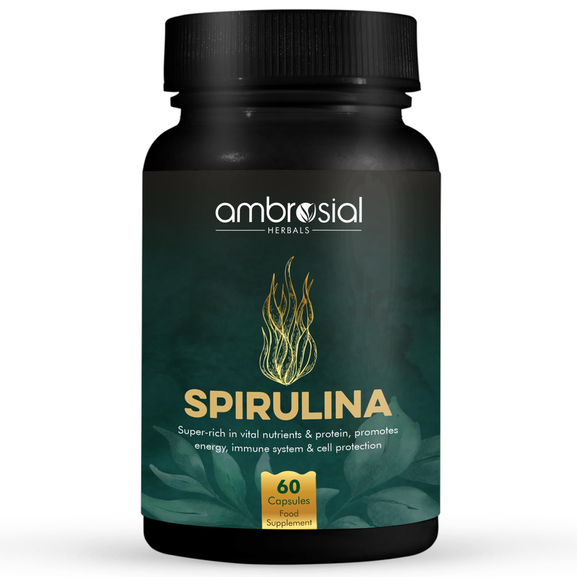 Ambrosial Spirulina Capsules 500mg - Highly Dosed Tablets, Vegan, No Additives, Protein Powder, Greens Powder, Spirulina and Chlorella, Immune System Booster, 60 Capsules