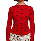 Women Polka Dot Long Sleeve T Shirt Slim Fit Crew Neck Y2k Going Out Crop Tops Casual Aesthetic Blouse