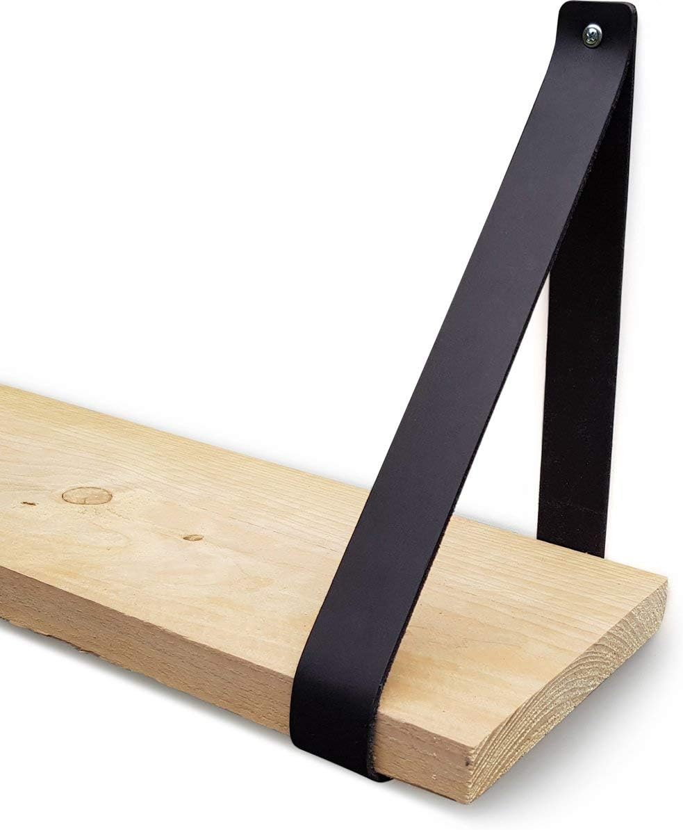 Brute Strength - Leather shelf brackets - Black - 2 pieces - Floating shelf set - Wall brackets - Shelf straps - Full grain leather - Image 3