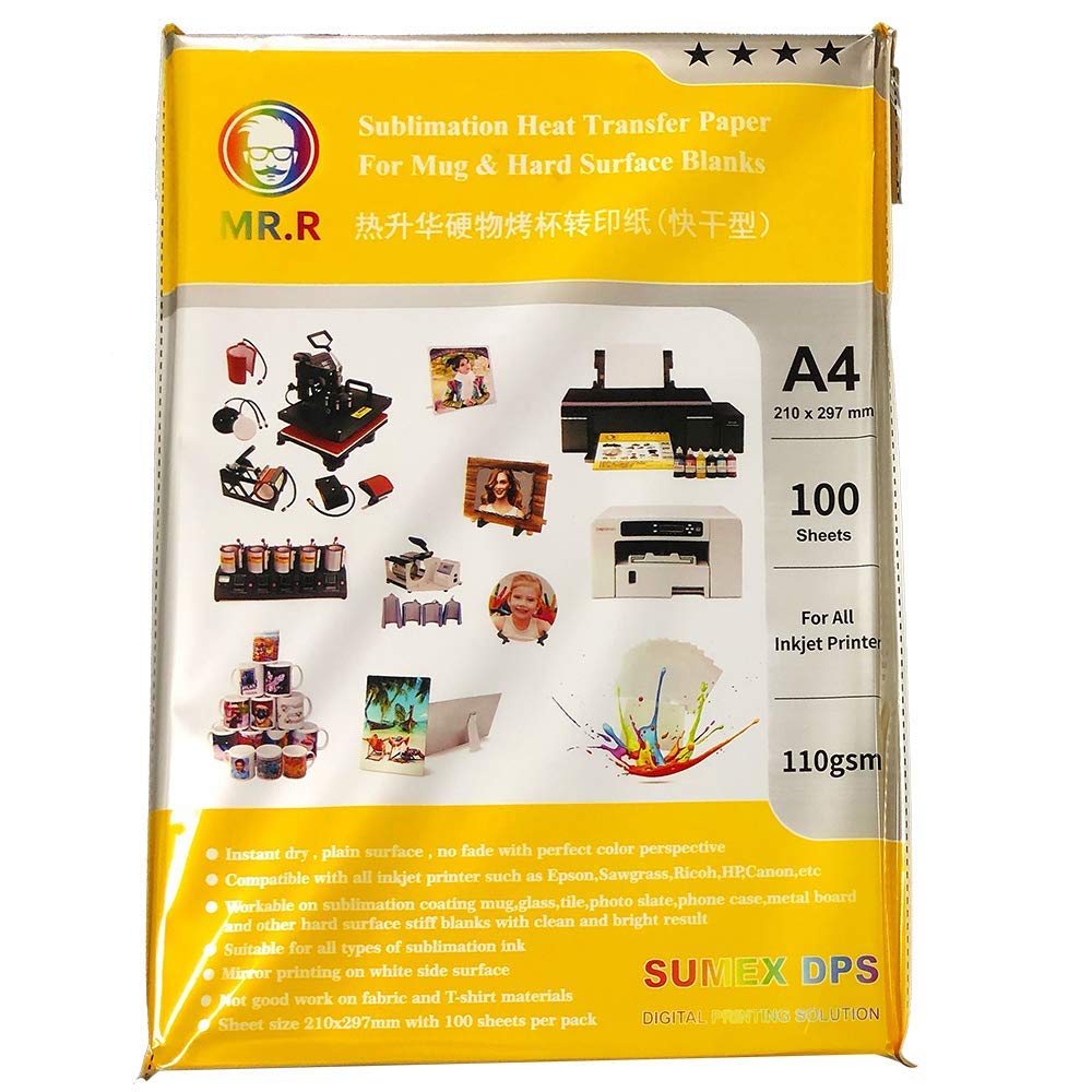 MR.R Sublimation Heat Transfer Paper 110gsm with A4 x100 Sheets for Ceramic Mug and Stiff Substrate Materials Suitable for Epson and Sawgrass Sublimation Printer