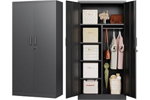 RAVIGIN Metal Storage Cabinet，72'' Steel Tool Cabinet Broom Closet Storage Cabinet with 2 Lockable Doors for Garage, Office, 