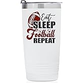 Onebttl Football Lovers Gifts, Funny American Football Gifts for Coach, Men, Dad on Birthday Christmas, 20oz Stainless Steel Tumbler, White, Eat Sleep Football Repeat