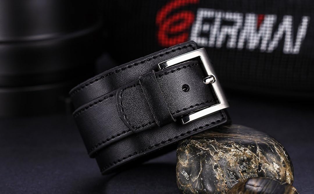 JewelryWe Punk Rock Wide Black Leather Strap Wristband Men's Bangle Cuff Bracelet 11 Inch, Black (with Gift Bag) - Image 3