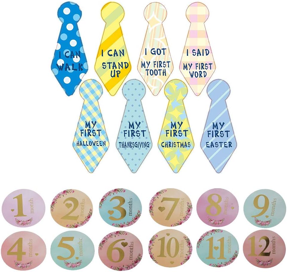 Basong Baby Milestone 20 Pack, Baby Monthly Milestone Birth to 12 Months + 8 Bonus Achievement, Milestone Stickers for Recording First Year of Baby Growth