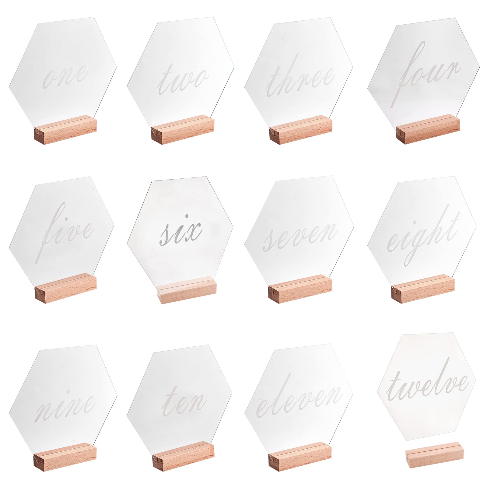 NBEADS 12 Sets Table Number Acrylic Signs, 20x17.3cm Hexagonal Table Number Set English Number 1 to 12 Place Cards with Rectangle Beechwood Card Holder for Wedding Reception, Restaurant, Party Decor