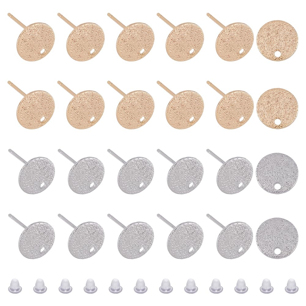 SUPERFINDINGS 24Pcs 2 Colors Hammered Brass Stud Earring Findings 10mm Flat Round Earring Posts Real Gold Platinum Plated Circle Disc Earring Studs for DIY Earrings Craft Making Supplies, Pin: 0.6mm