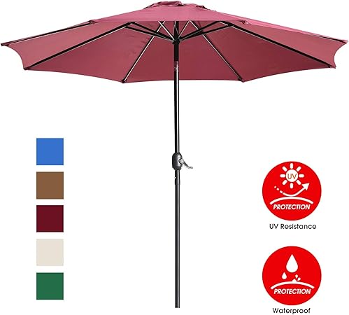 Patio Lawn Garden Umbrellas Uhinoos 9 Ft Patio Umbrella Outdoor Umbrella With Crank And 8 Ribs Polyester Aluminum Alloy Pole Tilt Button Outside Table Umbrella Fade Resistant Water Proof Patio Table Umbrella Wine