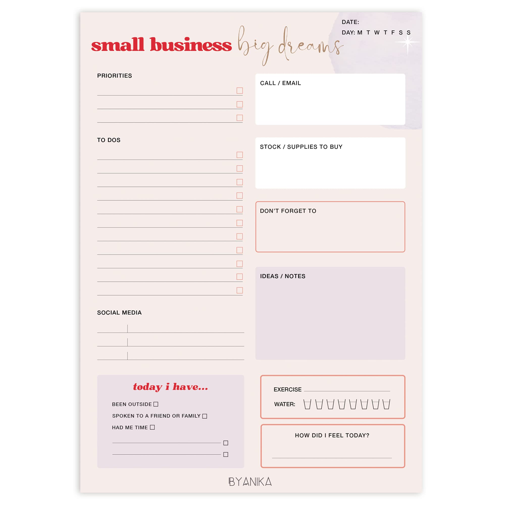 BYANIKA A5 Small Business Planner | 50 Tear-Off Sheets | Work & Personal Self-Care Organiser | Daily Desk Pad for Business Owner | Plan Your To Do List, Productivity & Social Media | Greyboard Back