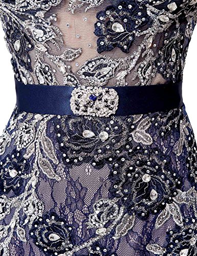 Anmor Tulle Mother Of The Bride Dress High Neck Beaded Sequin Applique Evening Prom Dress Long Sleeeve Navy Blue US2