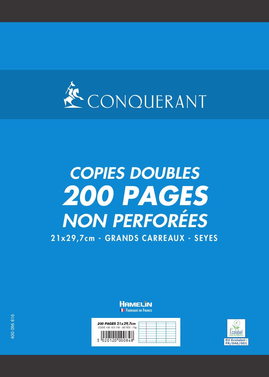 Conqueror Single sheets perforated A4 90 g 200 pages Seyès Unperforated Copy Copies Doubles non perforées Conquérant - 200 pages A4 70g - Grands carreaux Seyès. Conquérant a développé une réglure 2 couleurs, en partenariat avec des ophtalmologiste : les lignes principales sont violettes et les interlignes sont bleues. Cette réglure réduit l'effet de la fatigue chez l'enfant et améliore efficacement sa concentration. white