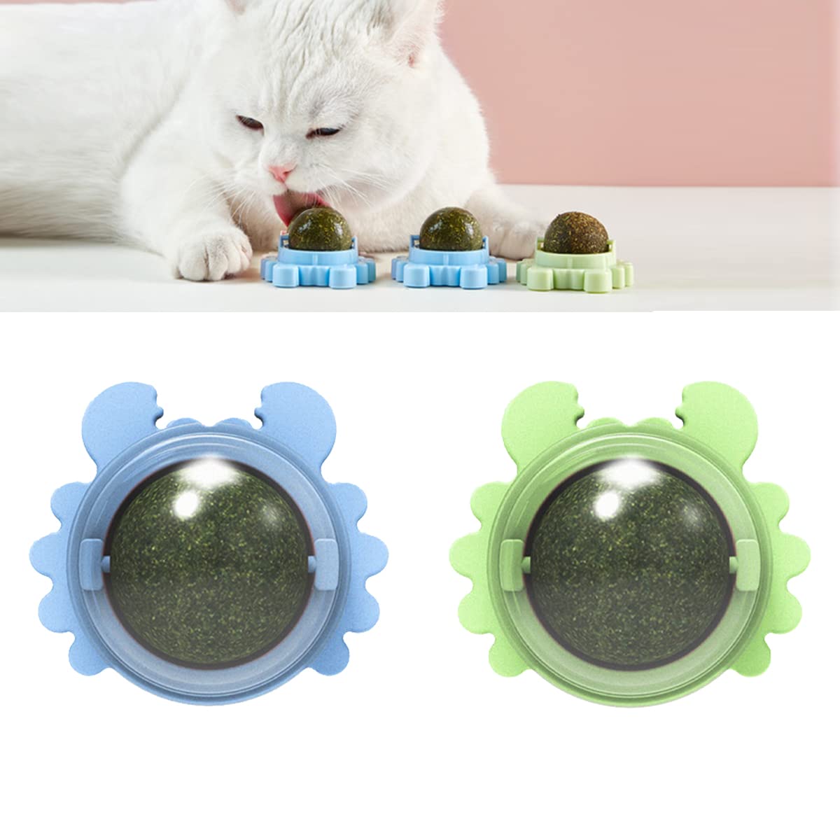 Fantasyon 2 PCS Catnip Balls Toy for Cats Edible Wall Ball Rotatable Natural Catnip Roller Ball Cat Teeth Cleaning Interactive Toy for Indoor Cats Playing Chewing (blue green)