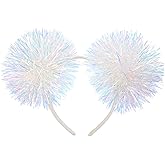 Beaupretty Pom Pom Headband Head Bopper Tinsel Pompom Ball Headband Foil Strips Pompom Headband Fashion Headband Cosplay Hair Accessories for Girls Women Christmas Party Birthday(White)
